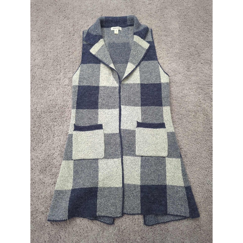 Monteau Knit Vest Sweater Womens Small Blue Plaid Sleeveless Open Front‎ Pockets